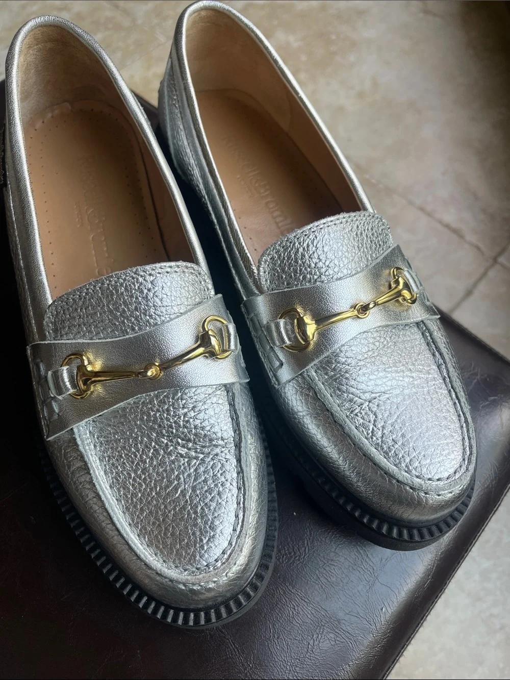 Russell & Bromley Silver Metallic Leather Loafers with Gold Bit New without Box